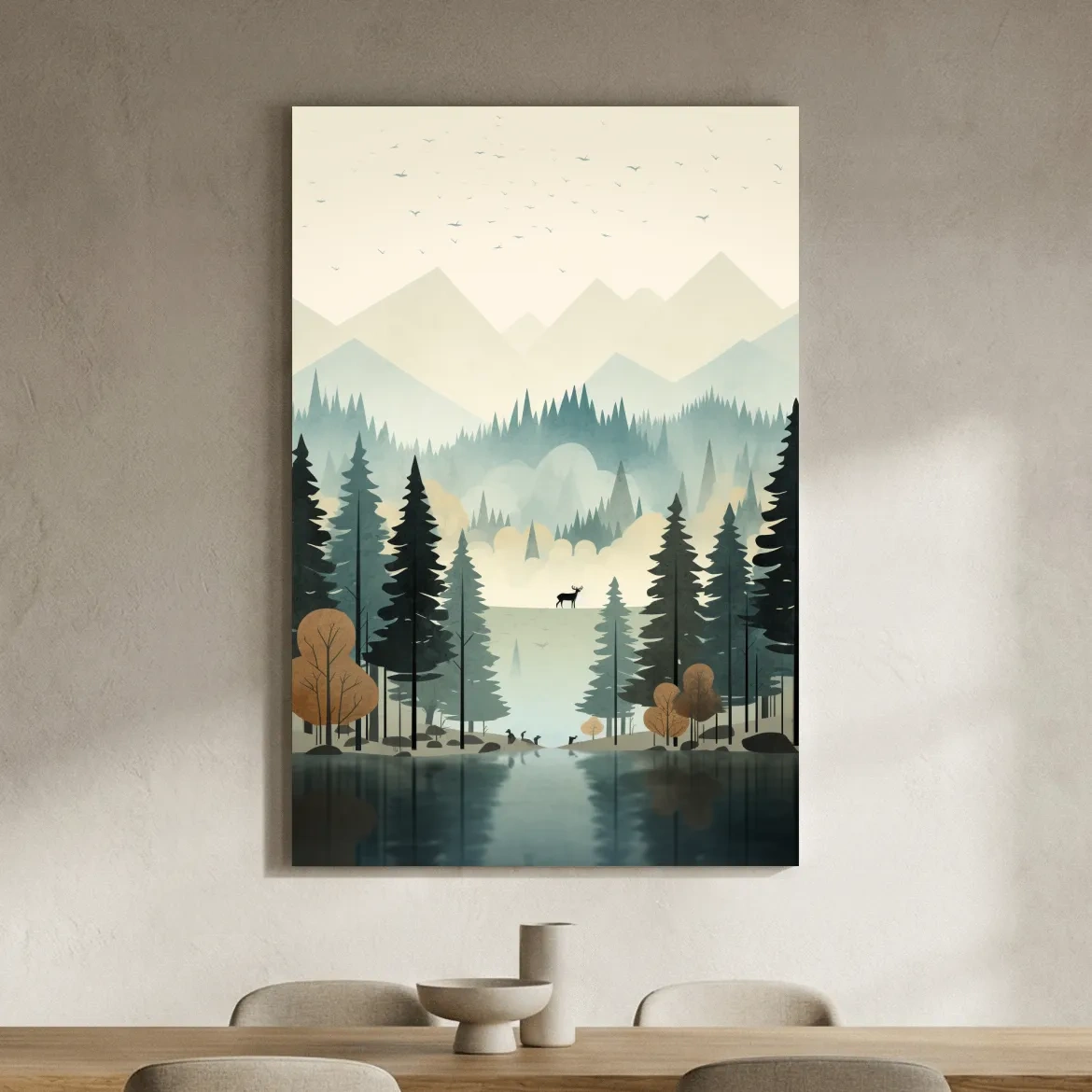 Alpine Lake Forest With Deer - Scandinavian Minimalist Wall Art