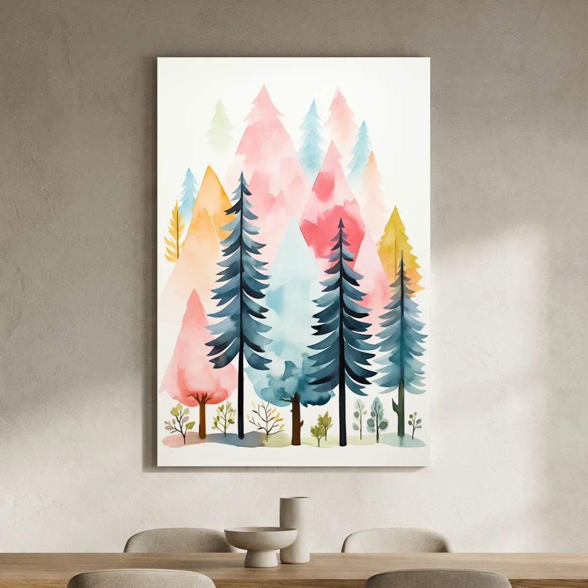 Pastel Watercolor Pine Forest - Colorful Scandinavian Nature Wall Art