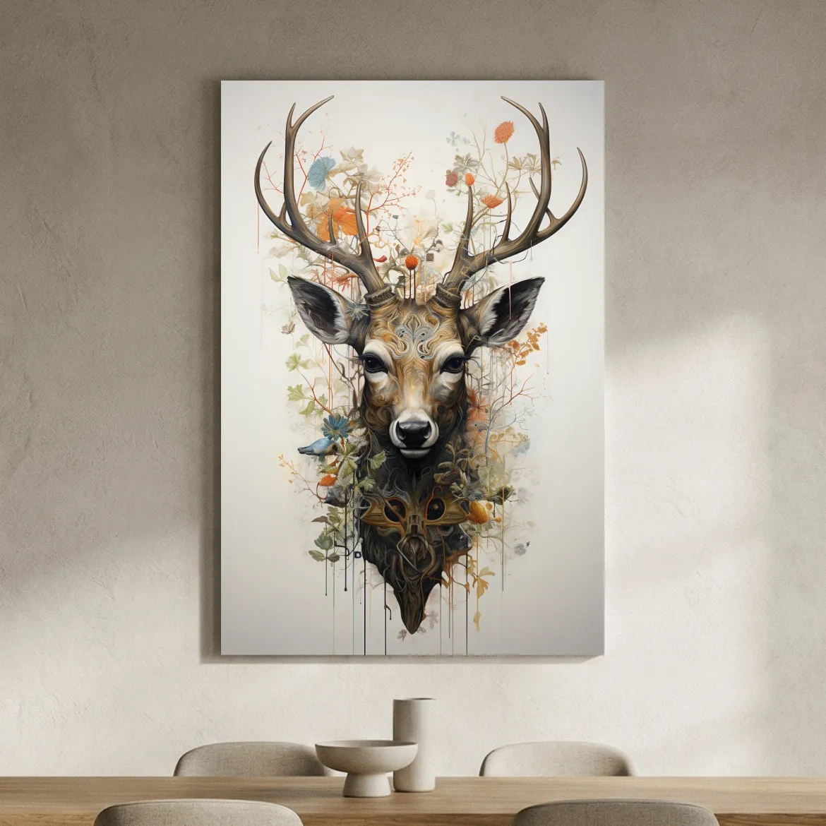 Ornate Floral Deer Head Illustration - Elegant Woodland Wildlife Wall Art