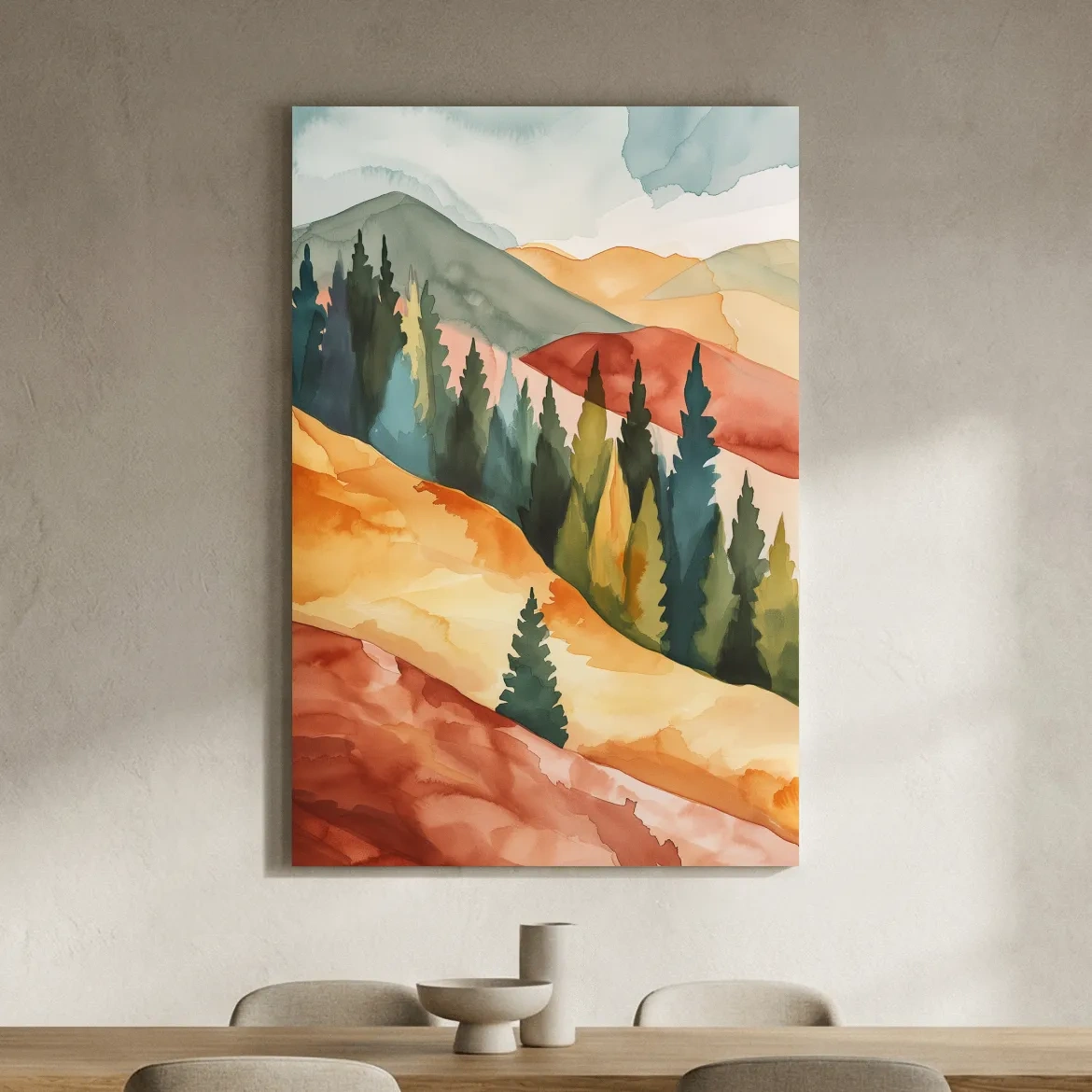 Rustic Autumn Watercolor Mountains & Pine Forest - Serene Abstract Landscape Wall Art