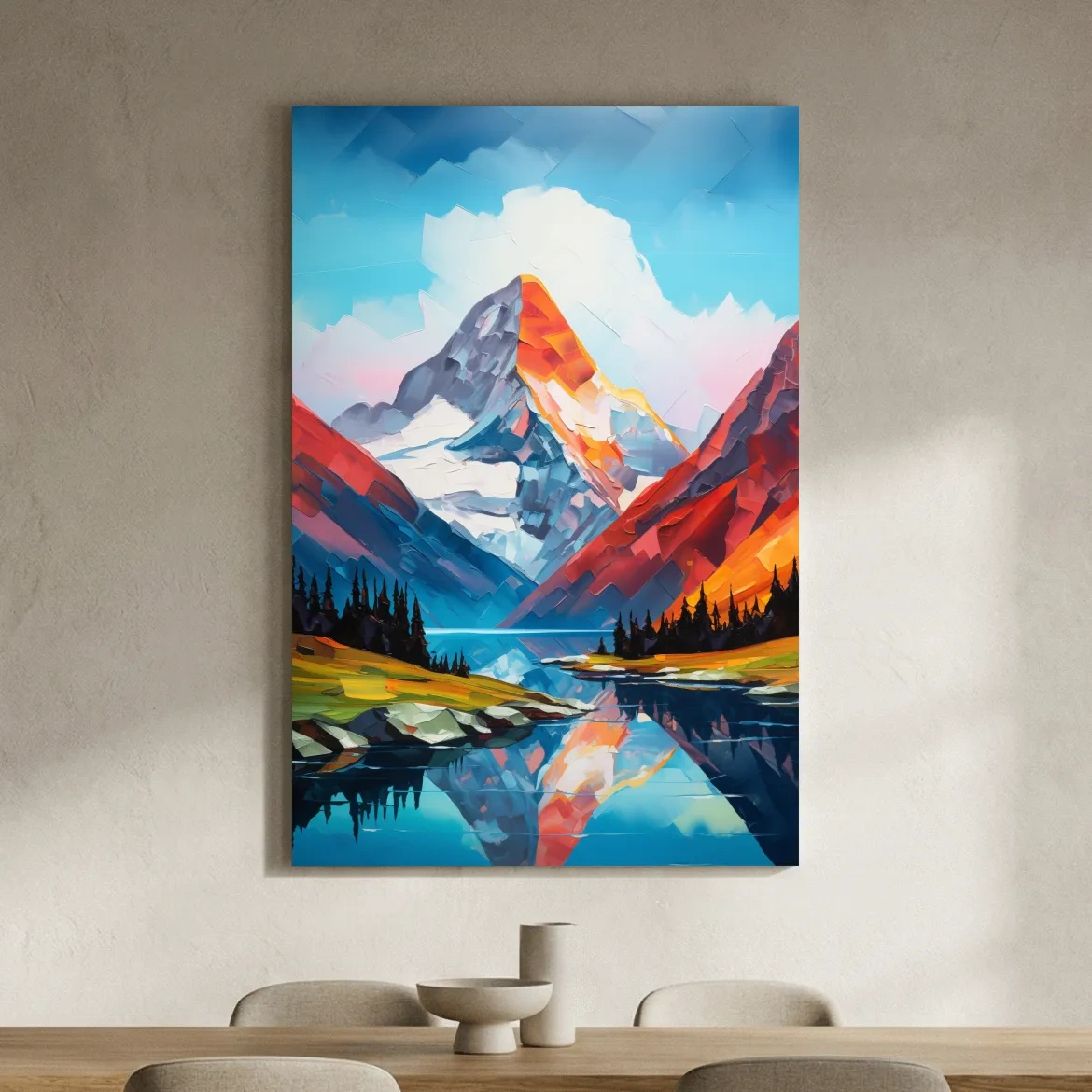 Vibrant Abstract Mountain Lake Reflection - Colorful Impasto Style Wall Art