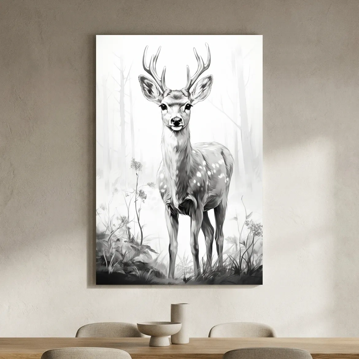 Minimalist Black And White Deer Sketch - Woodland Wildlife Wall Art