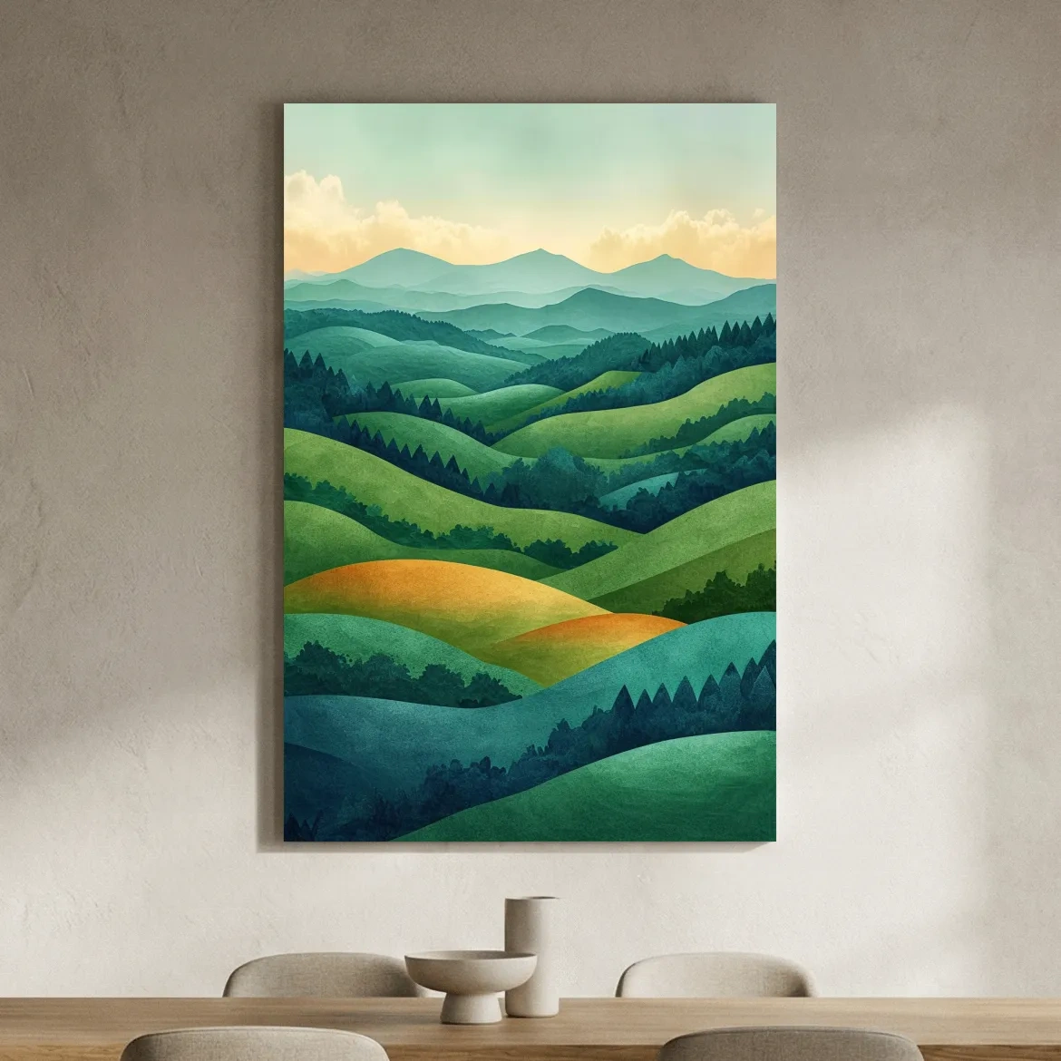 Layered Emerald Rolling Hills Landscape - Serene Scandinavian Nature Wall Art