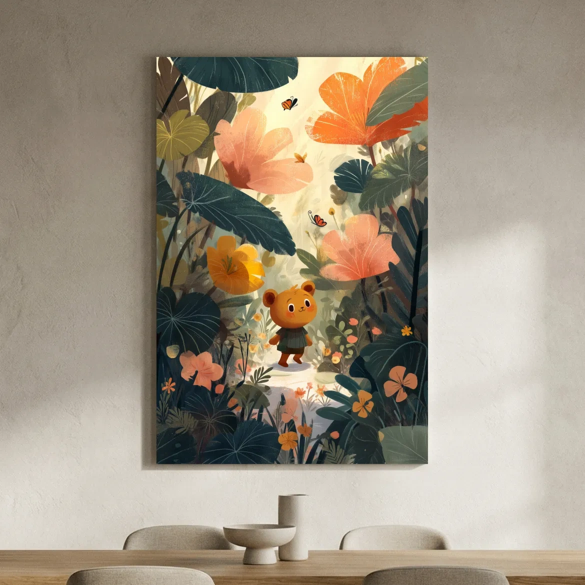 Whimsical Teddy Bear In Enchanted Garden - Cute Childrens Nursery Wall Art