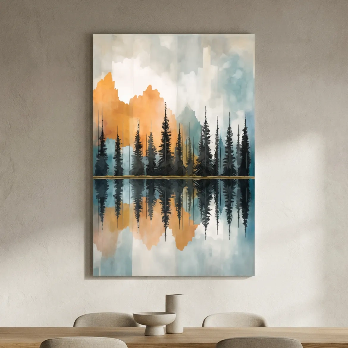 Abstract Watercolor Mountain Lake Reflection - Alpine Forest Landscape Artwork