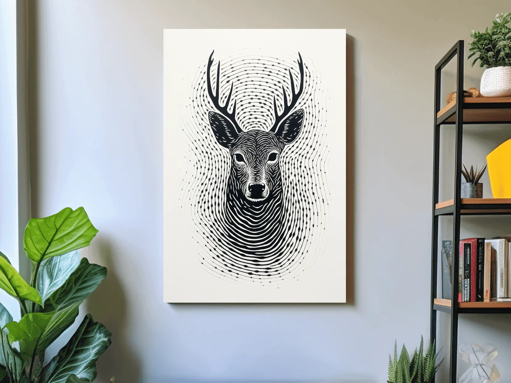 Psychedelic Deer Head Fingerprint Line Art - Black And White Wildlife Wall Art