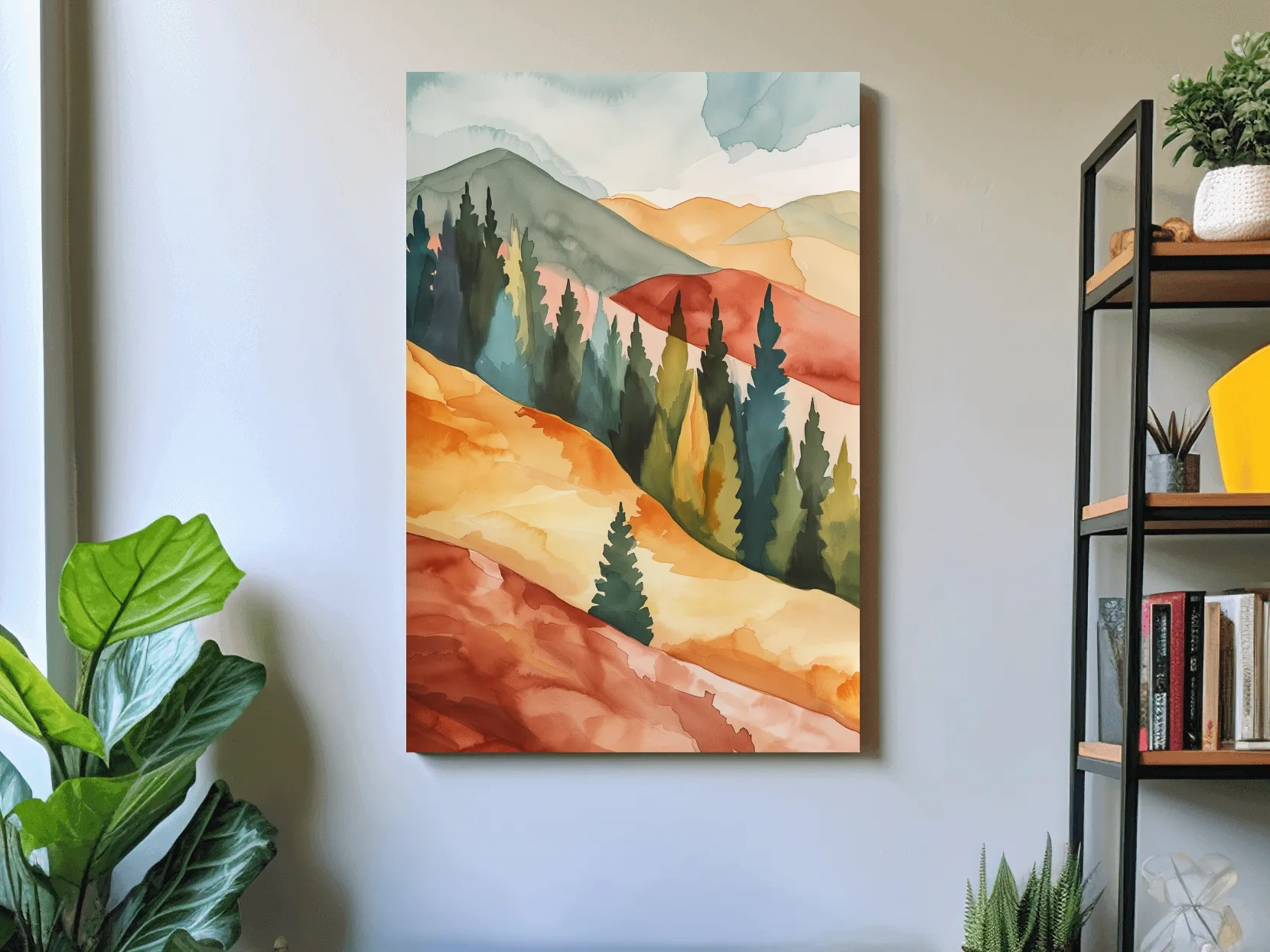 Rustic Autumn Watercolor Mountains & Pine Forest - Serene Abstract Landscape Wall Art
