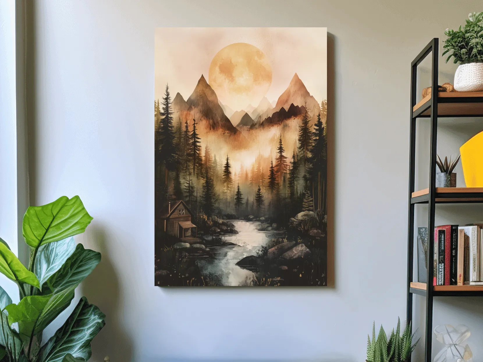 Misty Mountain River Cabin Watercolor - Rustic Forest Wall Art
