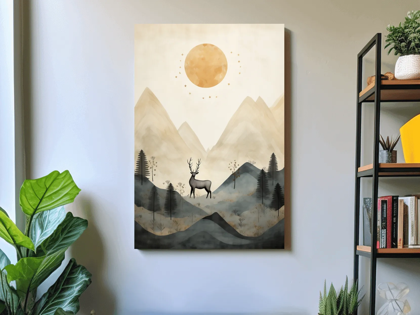 Boho Deer In Misty Mountains - Woodland Landscape Wall Art