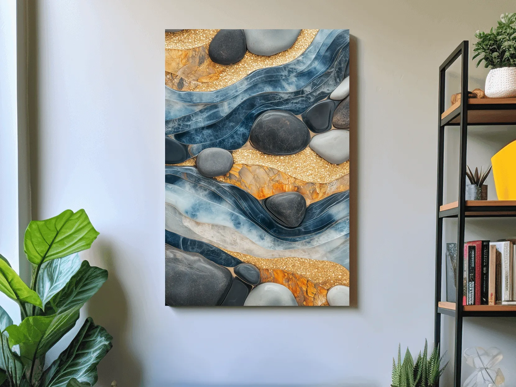 Abstract Blue River Stone Mosaic - Modern Pebble Texture Wall Art