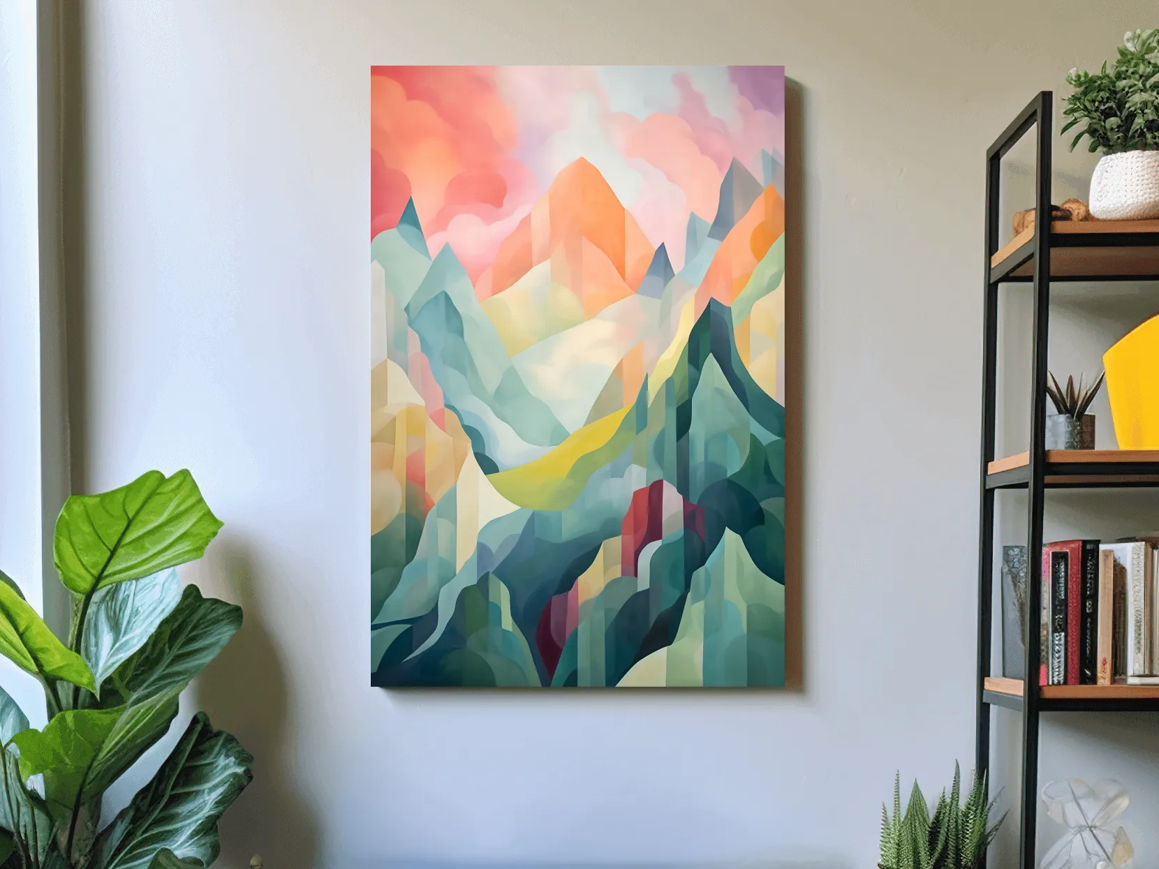 Vibrant Abstract Pastel Mountain Sunset - Geometric Watercolor Style Wall Art