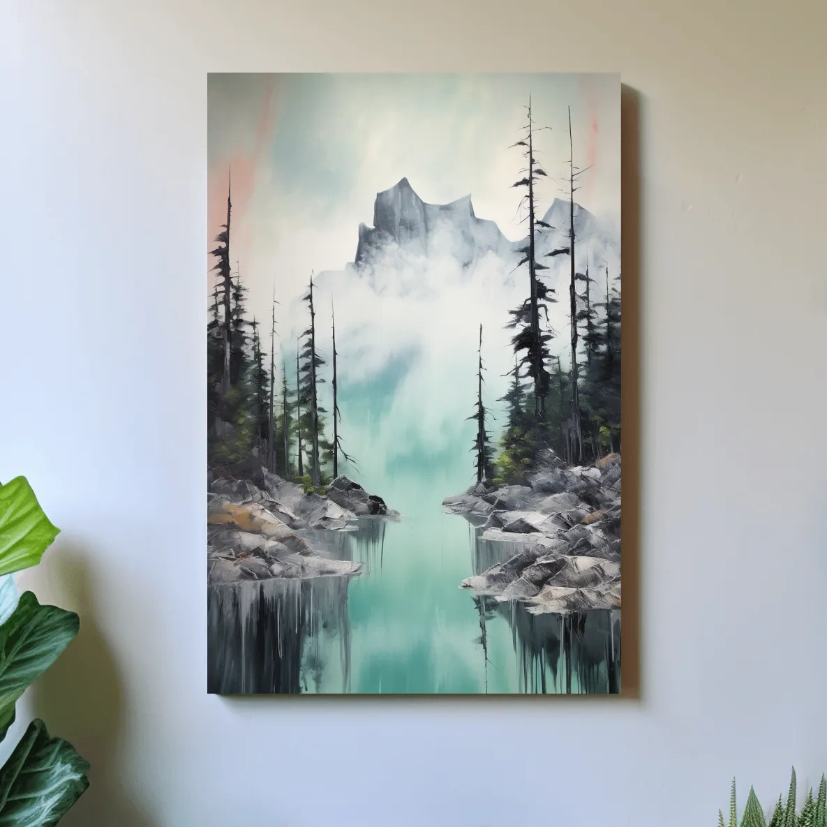 Misty Turquoise Alpine Lake Reflection - Watercolor Mountain Forest Wall Art