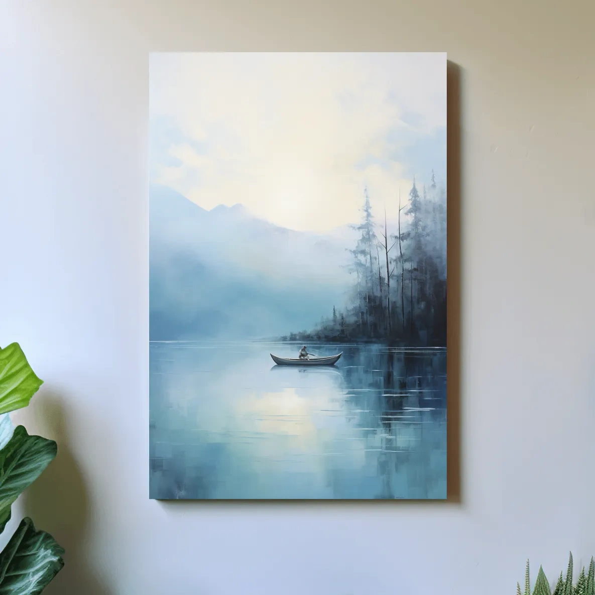 Misty Turquoise Mountain Lake Canoe Painting - Serene Forest Landscape Wall Art