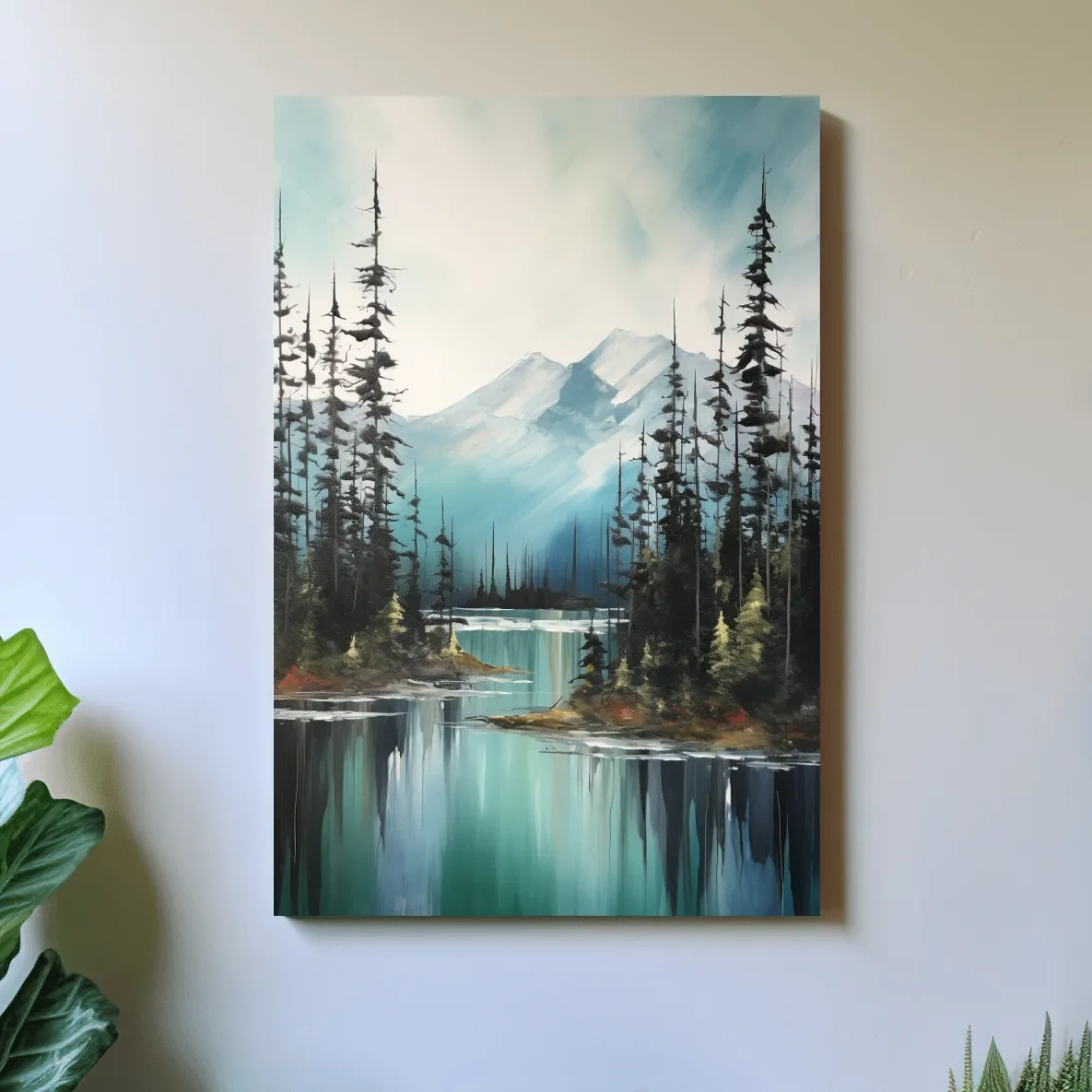 Alpine Turquoise Lake Watercolor Landscape - Serene Pine Forest Nature Wall Art