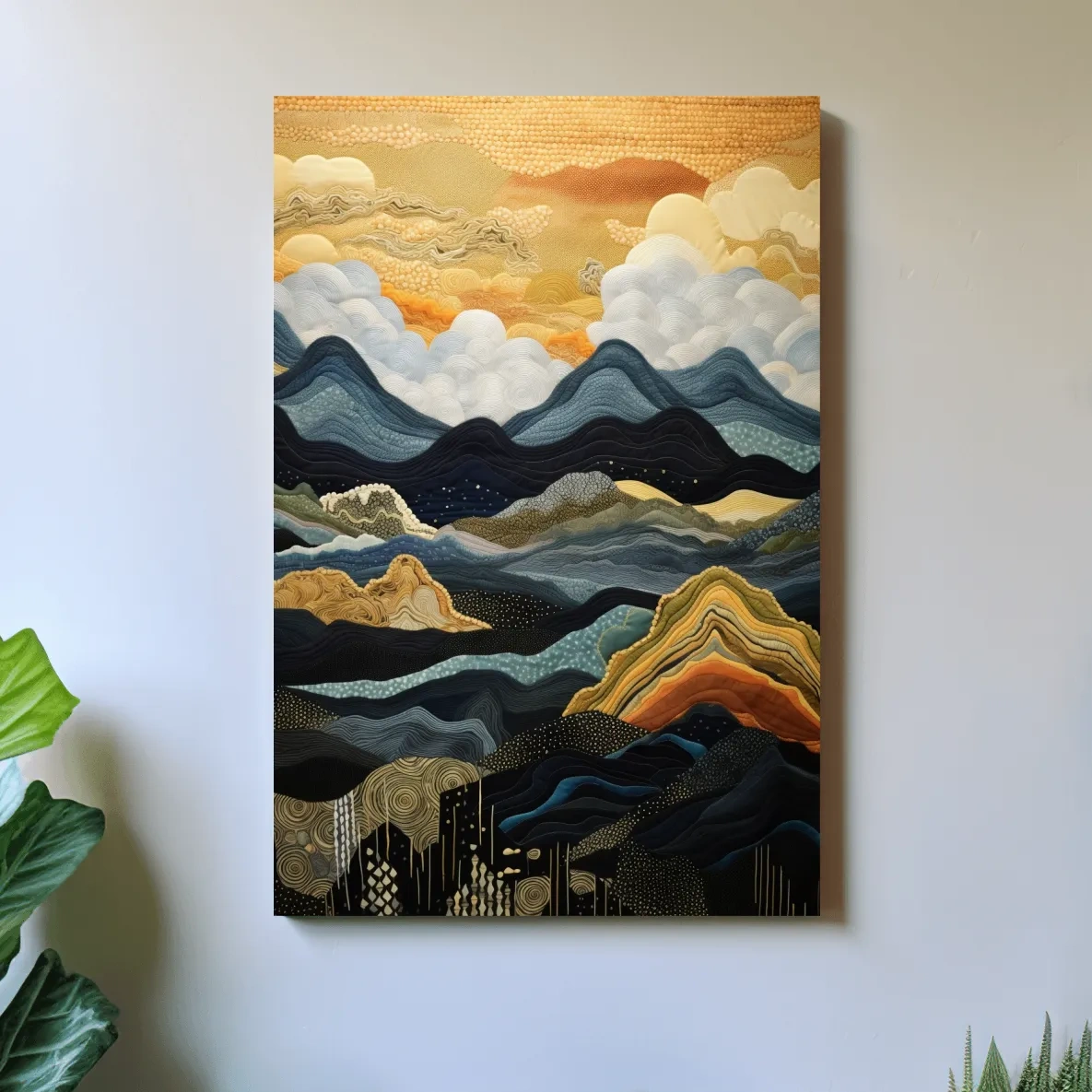 Layered Tapestry Mountain Range Sunrise - Abstract Mixed Media Landscape Wall Art
