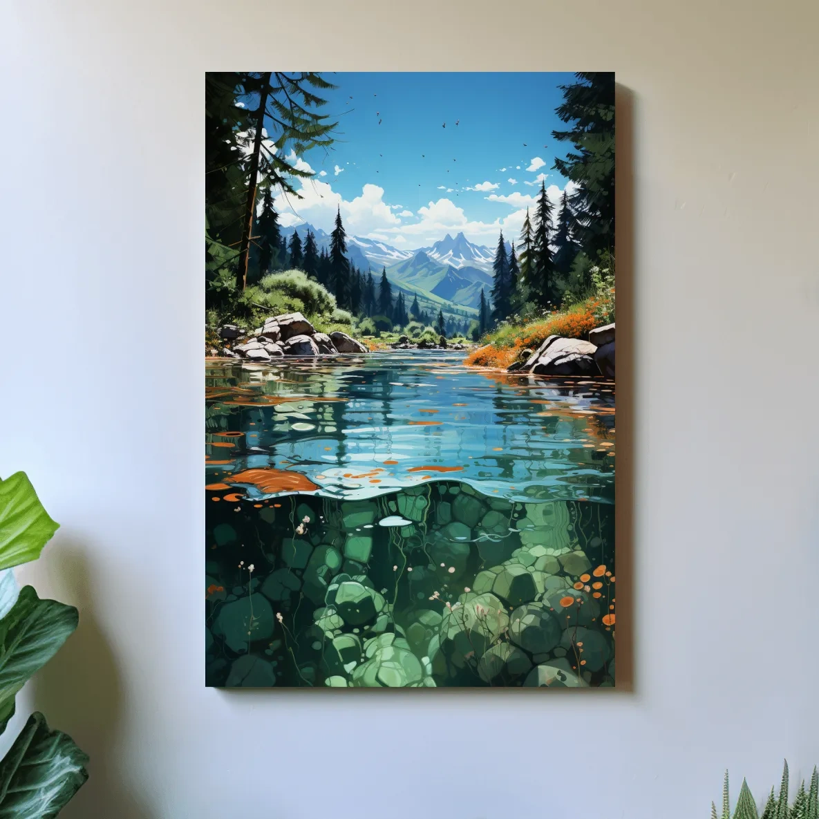 Crystal Clear Alpine River Landscape Illustration - Vibrant Mountain Forest Artwork