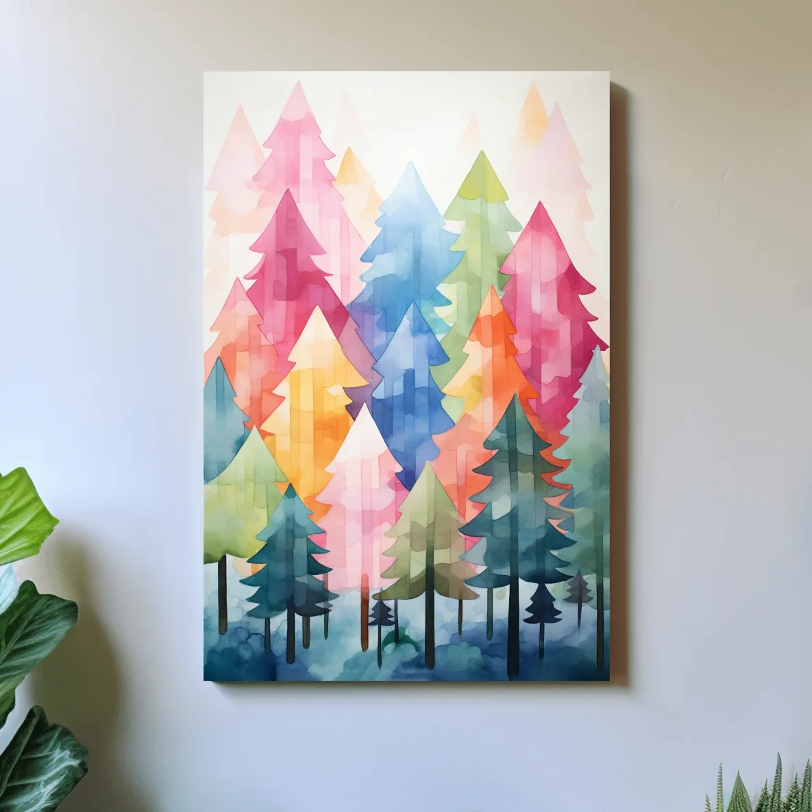 Colorful Watercolor Pine Forest Illustration - Whimsical Scandinavian Boho Wall Art