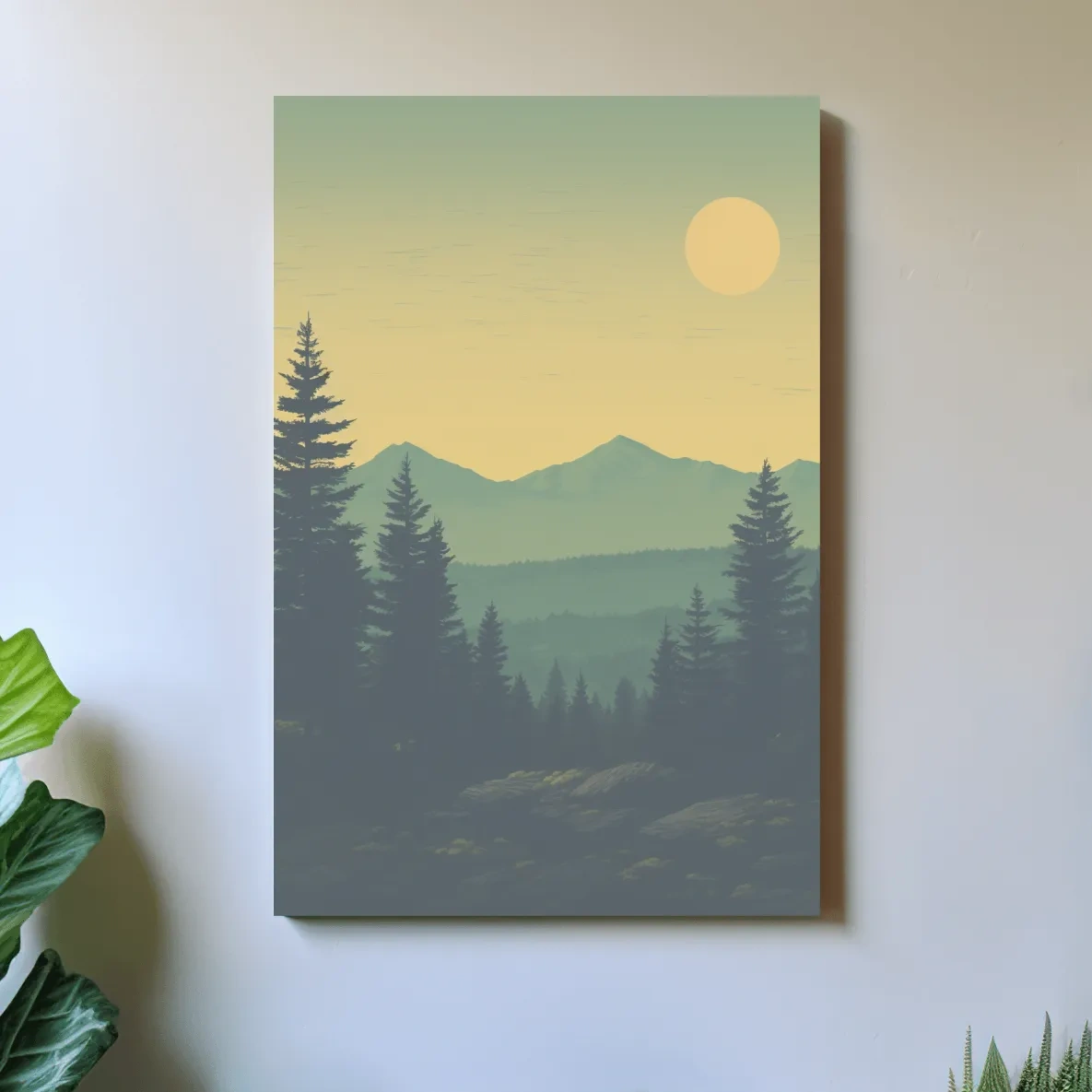 Minimalist Hazy Mountain Sunrise Landscape - Serene Alpine Forest Wall Art