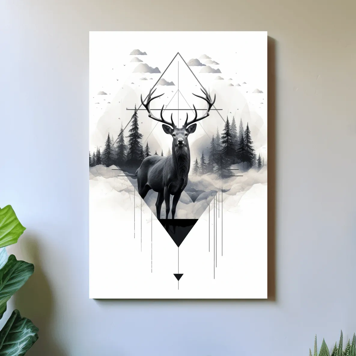 Geometric Monochrome Stag In Misty Pines - Tattoo Inspired Wildlife Wall Art