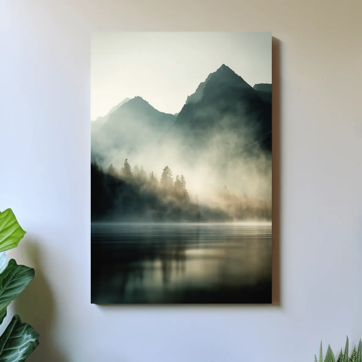 Moody Misty Mountain Lake Landscape - Serene Foggy Pine Forest Wall Art