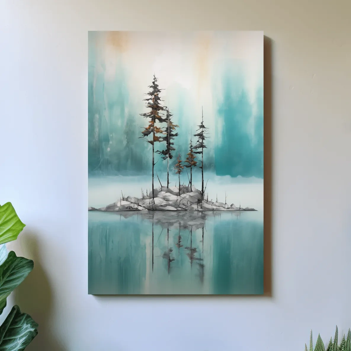 Misty Pine Trees Reflection - Watercolor Turquoise Alpine Lake Wall Art