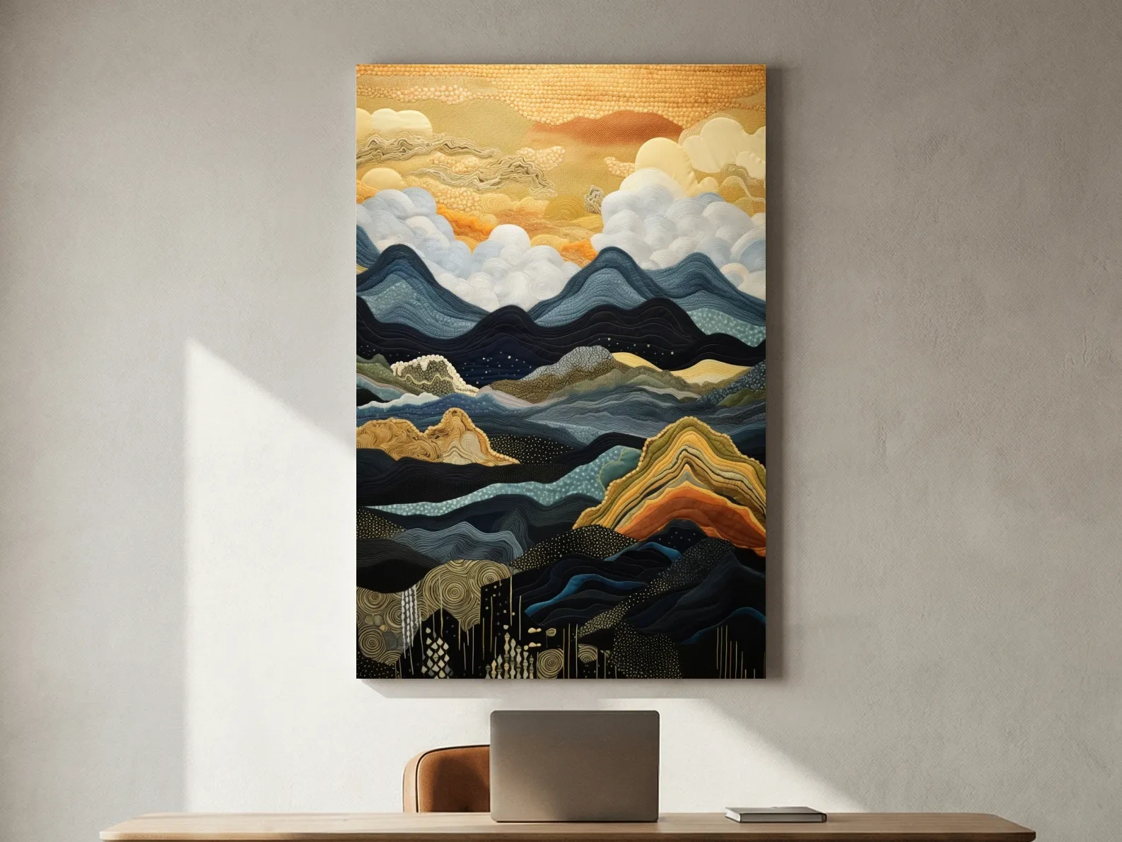 Layered Tapestry Mountain Range Sunrise - Abstract Mixed Media Landscape Wall Art