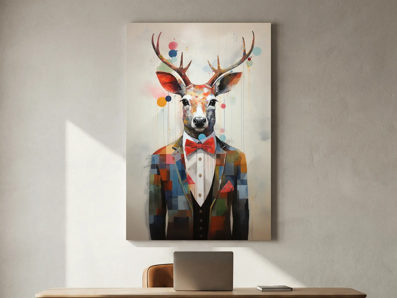 Dapper Watercolor Deer Tuxedo Portrait - Colorful Modern Wildlife Wall Art