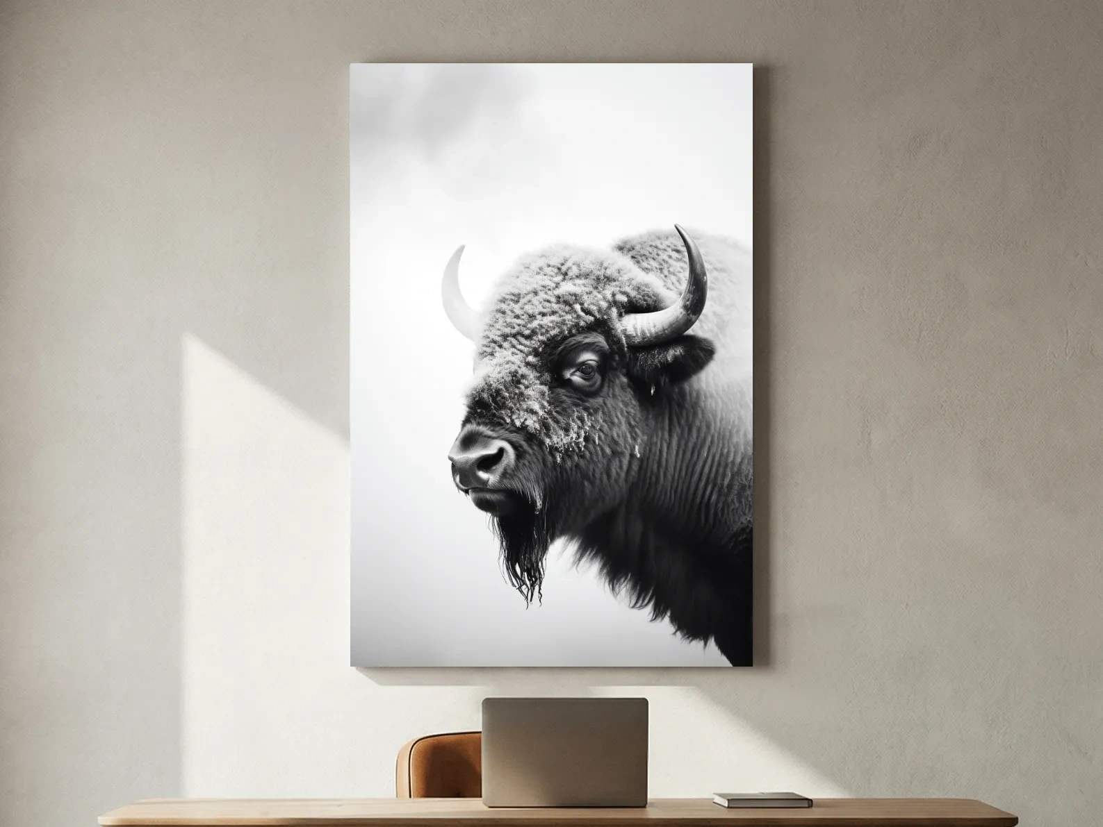 Moody Black And White Bison Portrait - Minimalist Photographic Wildlife Wall Art