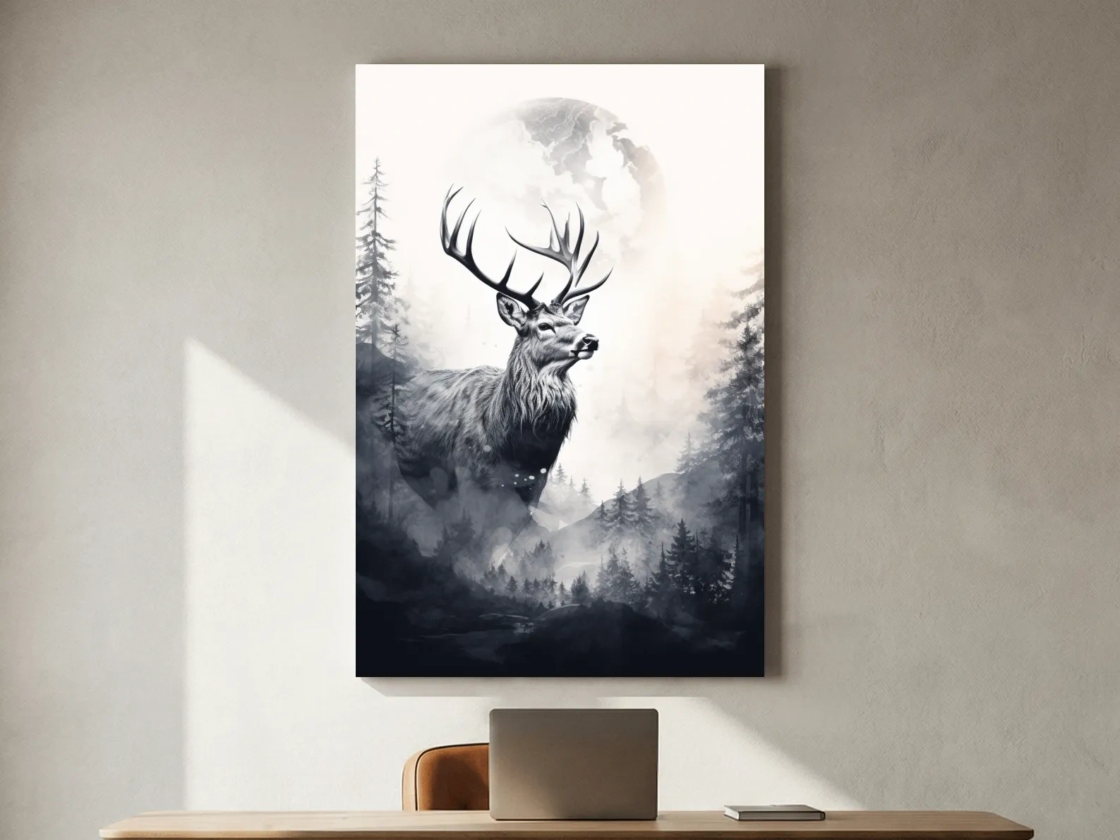 Majestic Stag In Misty Moonlit Forest - Double Exposure Wildlife Wall Art