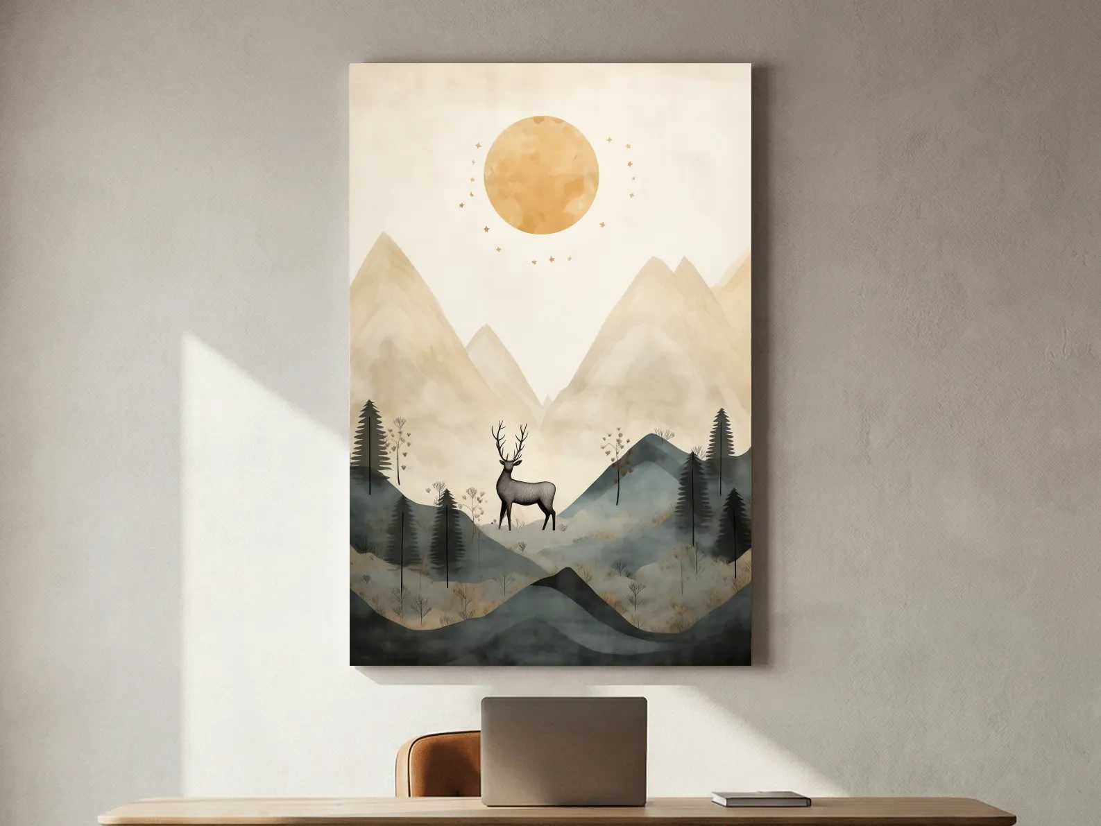 Boho Deer In Misty Mountains - Woodland Landscape Wall Art