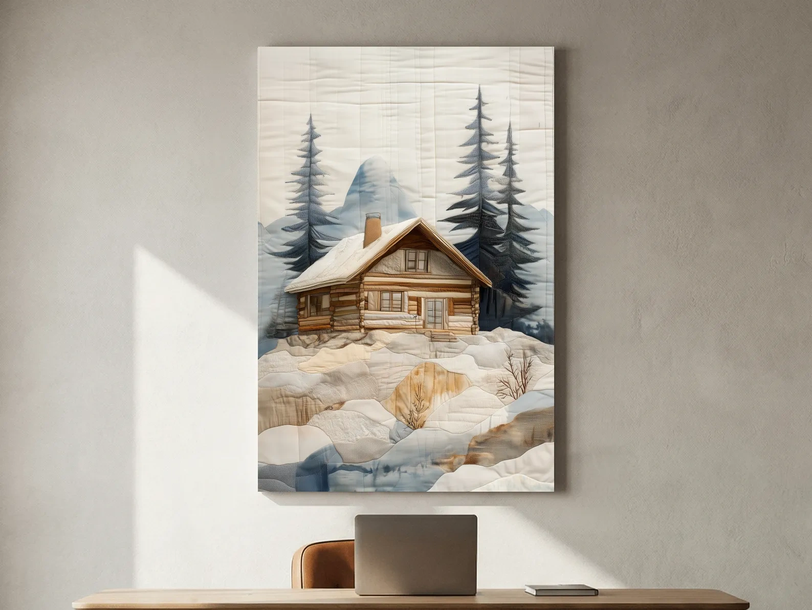 Rustic Winter Cabin In Snowy Pines - Textured Patchwork Fabric Effect Wall Art
