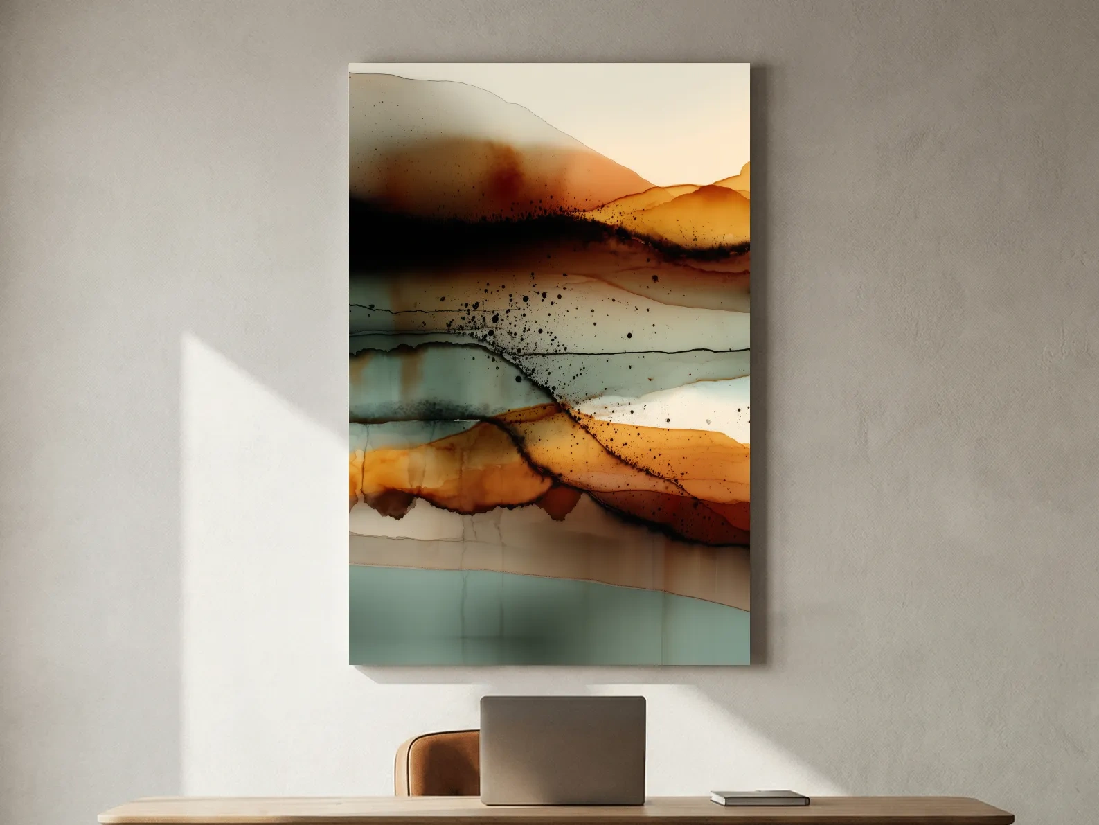 Earth Tone Ink Wash Mountain Landscape - Abstract Modern Wall Art