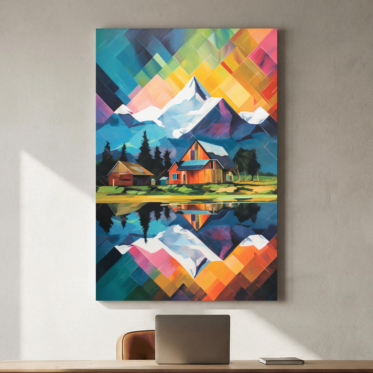 Vibrant Geometric Mountain Cabin Painting - Colorful Abstract Alpine Wall Art