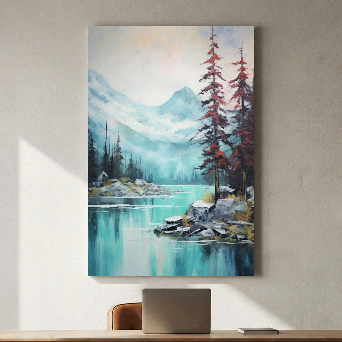 Misty Turquoise Alpine Lake Watercolor - Serene Mountain Landscape Wall Art