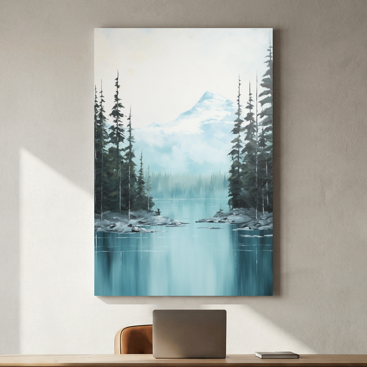 Turquoise Alpine Lake & Pine Forest Watercolor - Serene Mountain Landscape Wall Art