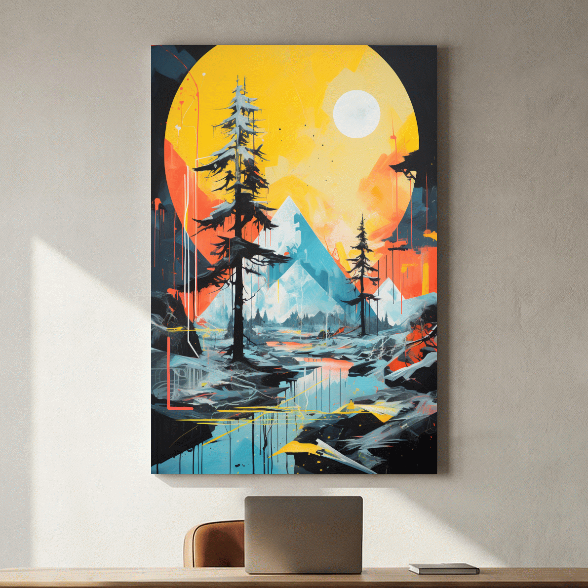 Vibrant Abstract Mountain Lake Sunset Painting - Modern Geometric Pine Forest Wall Art