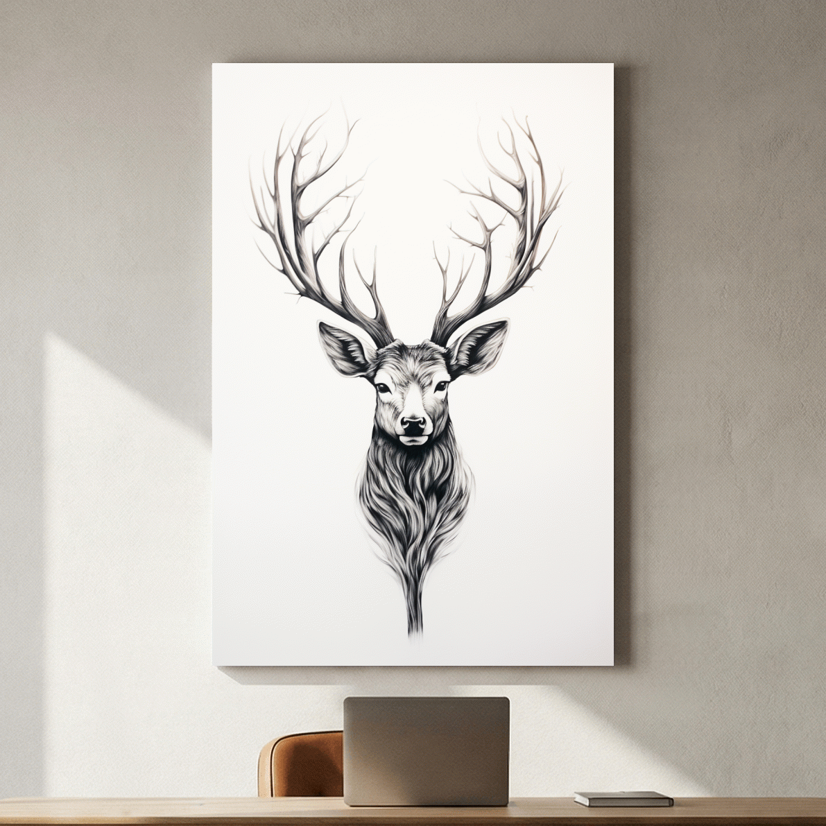 Minimalist Stag Head Line Drawing - Black And White Deer Tattoo  Artwork