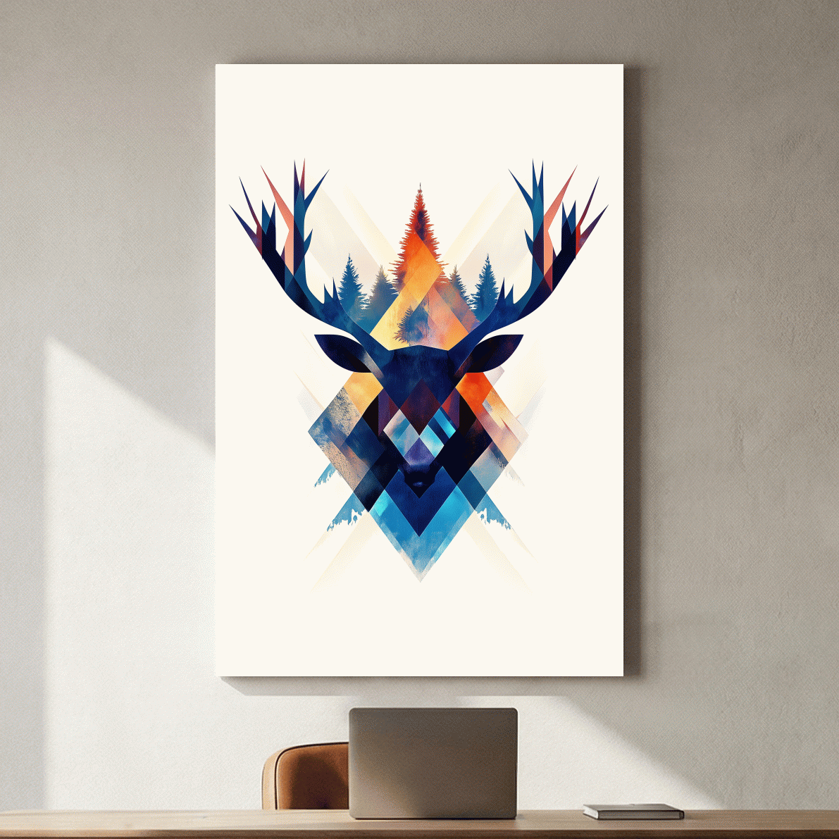 Geometric Watercolor Deer Head Silhouette - Modern Wildlife Forest Wall Art