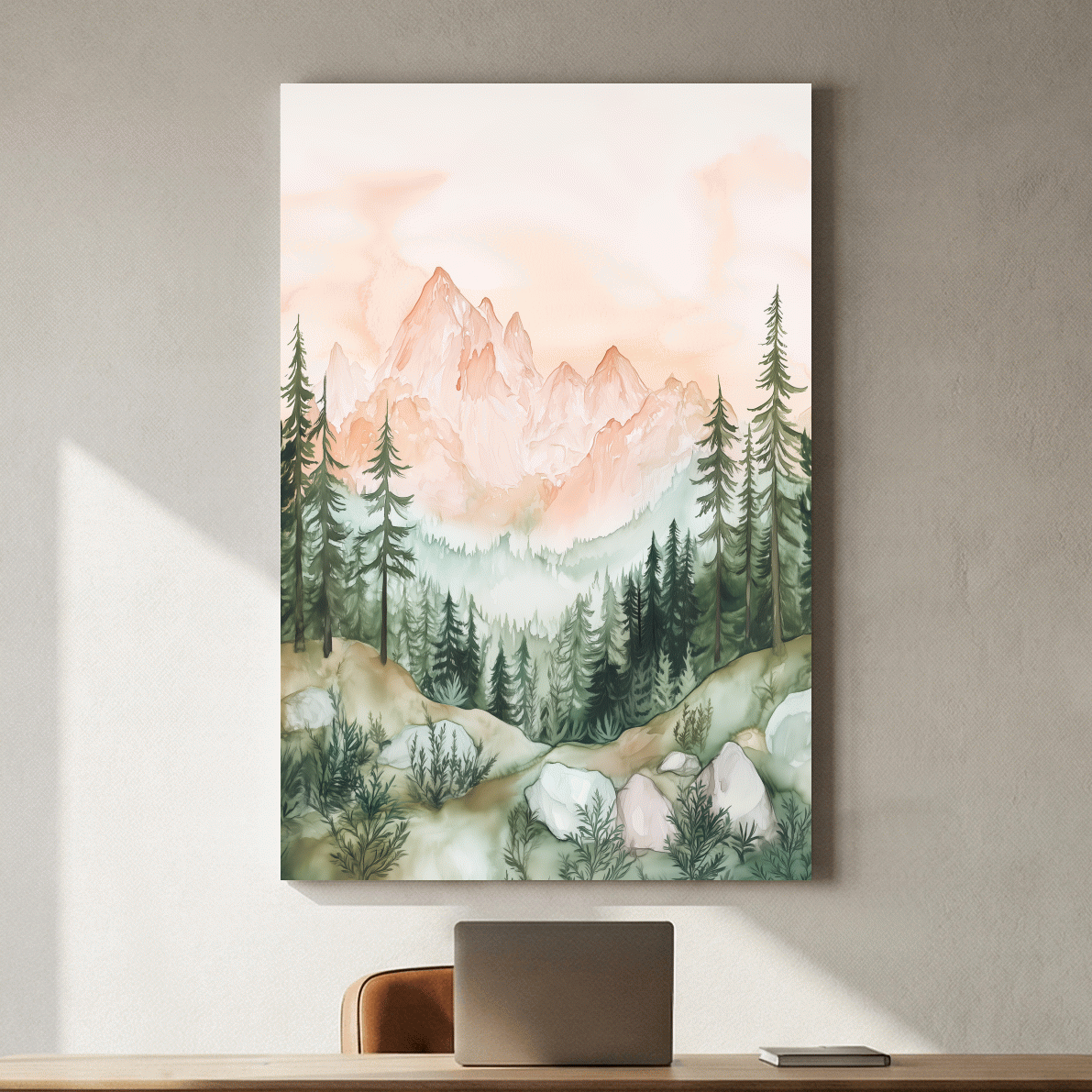Pastel Watercolor Mountain Peaks & Pine Forest - Serene Alpine Landscape Artwork