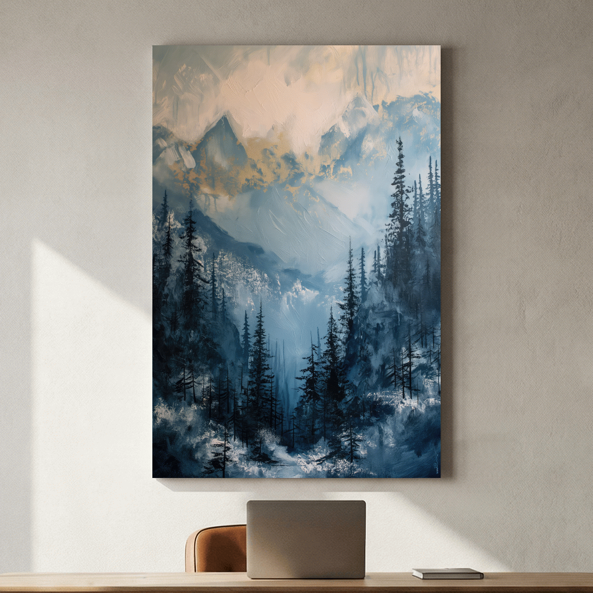 Moody Misty Blue Mountain Forest Painting - Alpine Landscape Wall Art