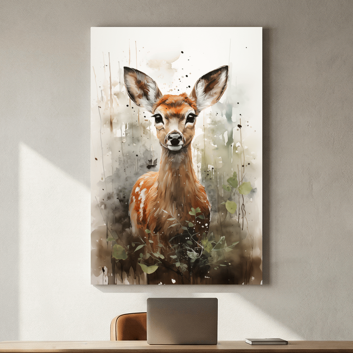 Whimsical Baby Deer Watercolor Portrait - Woodland Nursery Wall Art