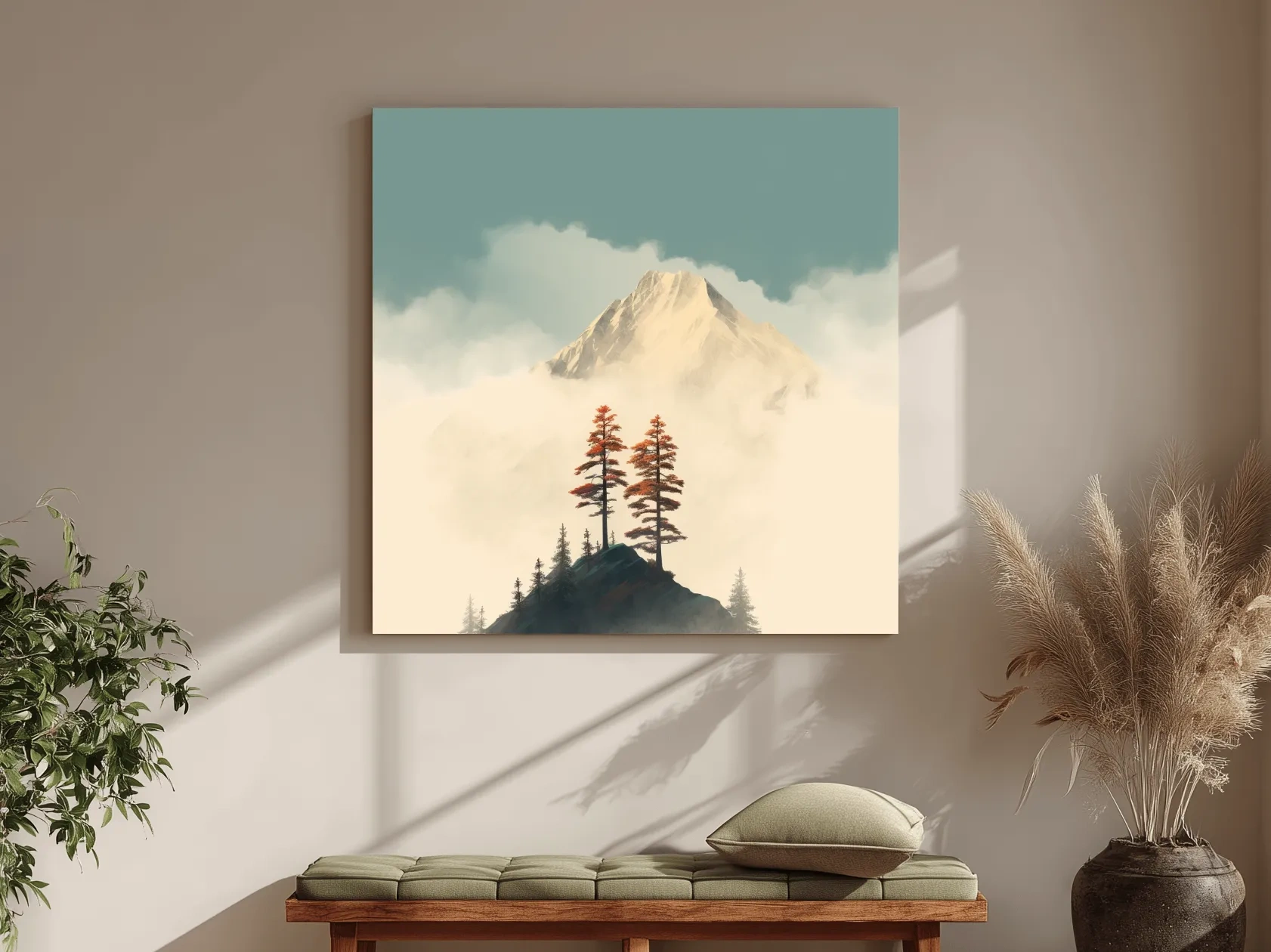 Misty Alpine Peak With Autumn Pines - Minimalist Mountain Artwork