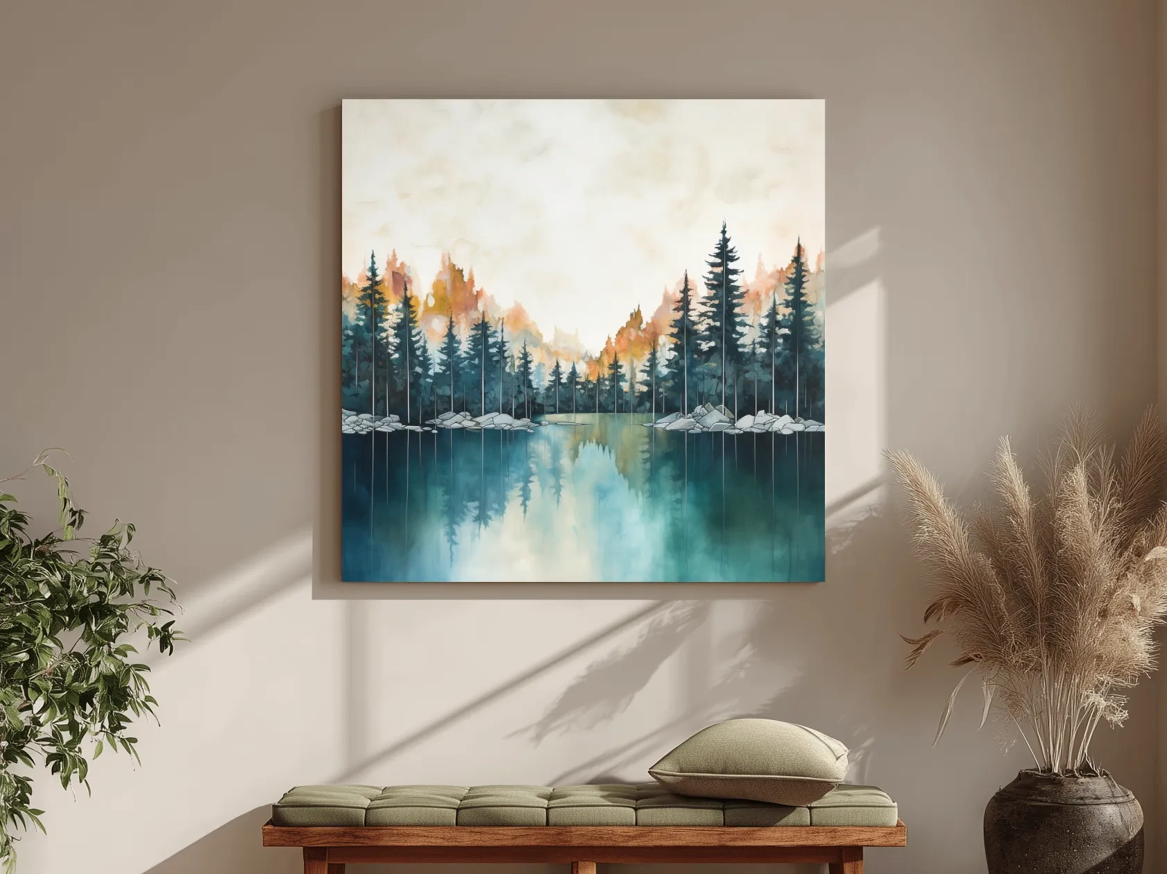 Misty Forest Lake Watercolor Painting - Serene Landscape Wall Art