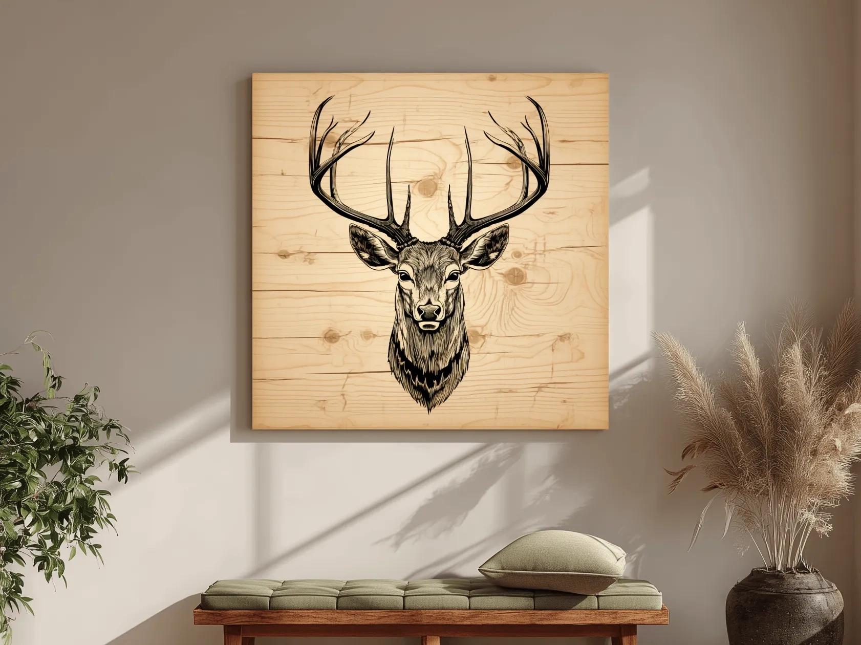 Rustic Engraved Wood Deer Head Illustration - Lodge Wildlife Wall Art