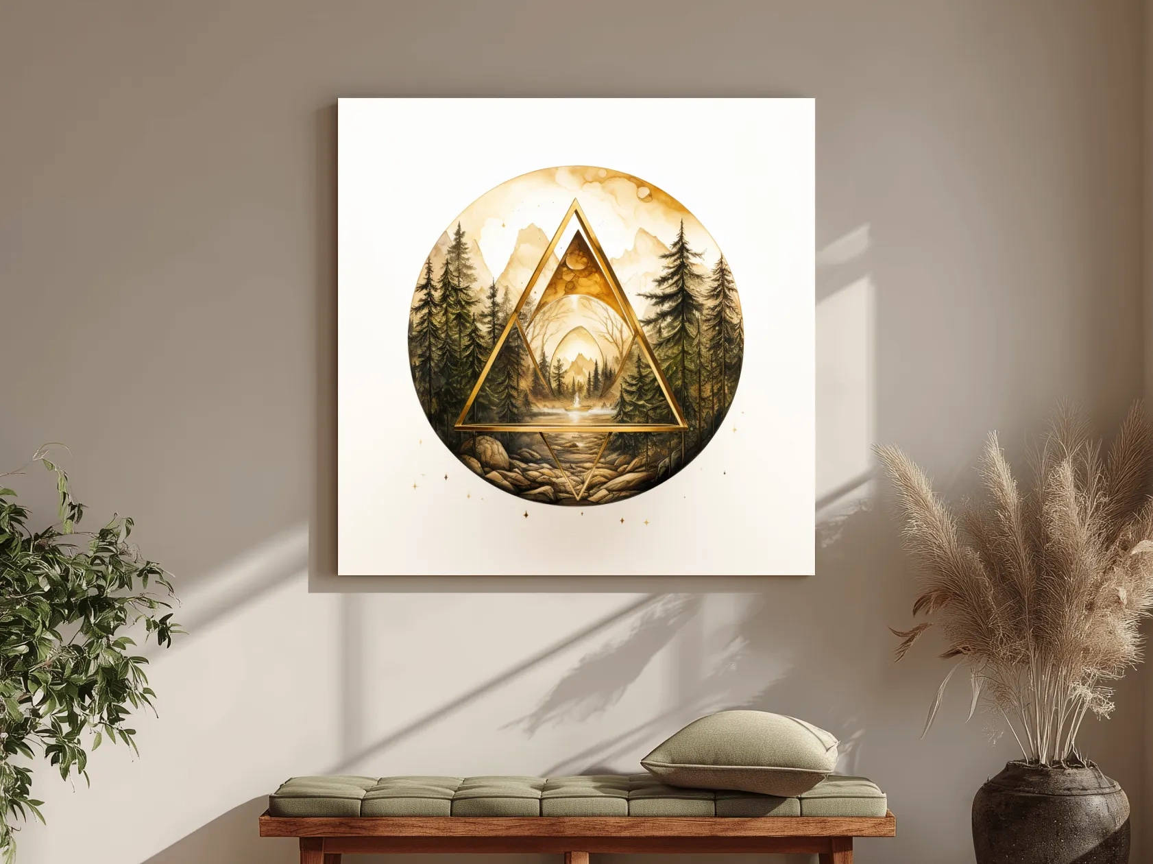 Rustic Mountain Forest Watercolor - Gold Sepia Landscape Wall Art