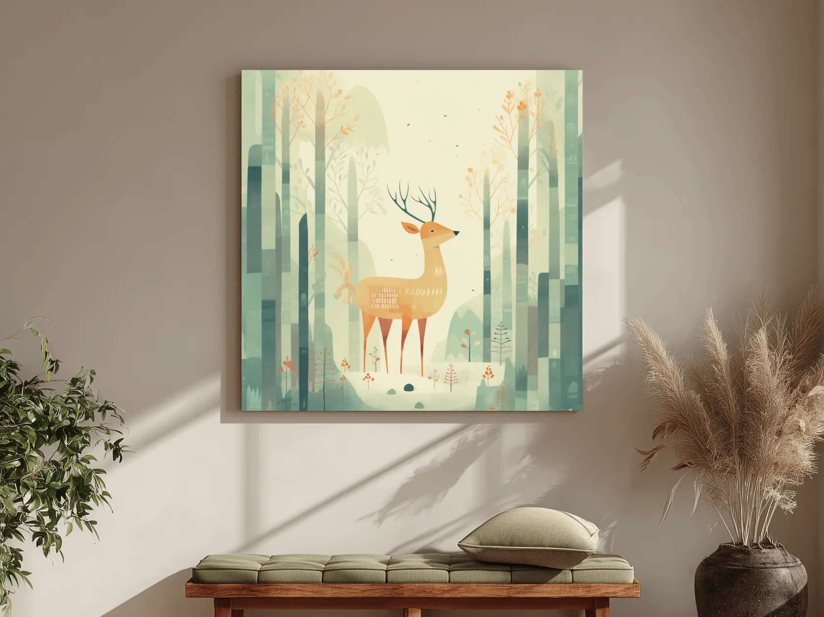 Whimsical Deer In Misty Forest - Minimalist Woodland Nursery Wall Art
