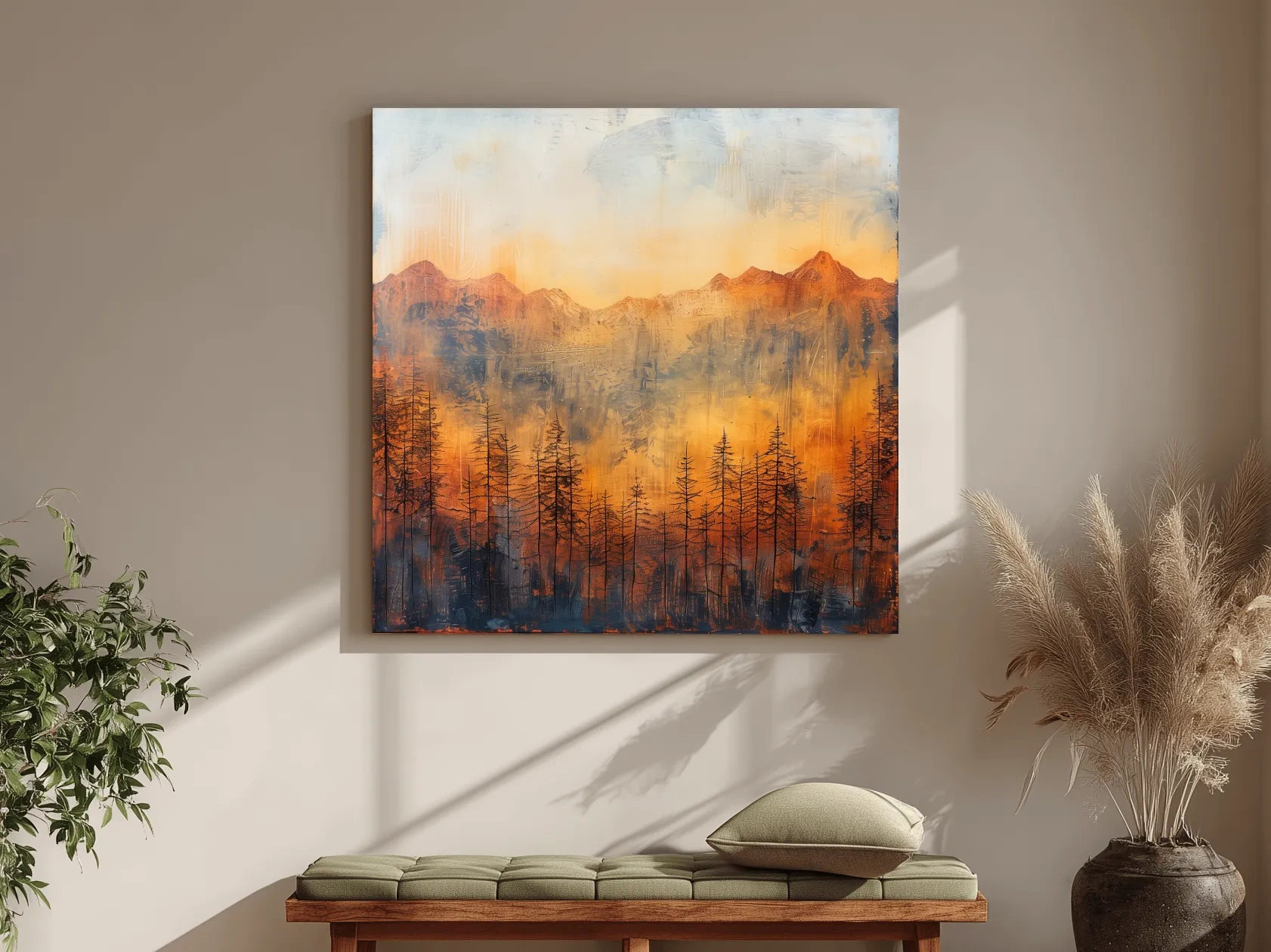 Moody Abstract Mountain Sunrise With Silhouetted Pine Forest - Textured Landscape Painting