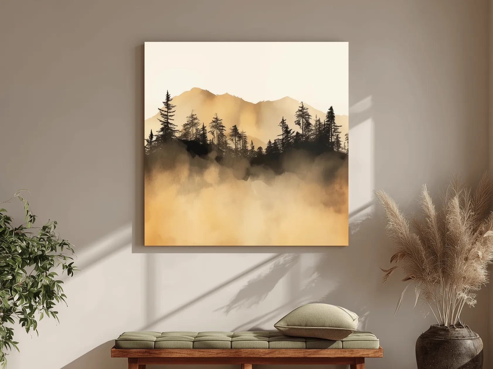 Misty Golden Mountain Pine Forest - Sepia Watercolor Landscape Wall Art