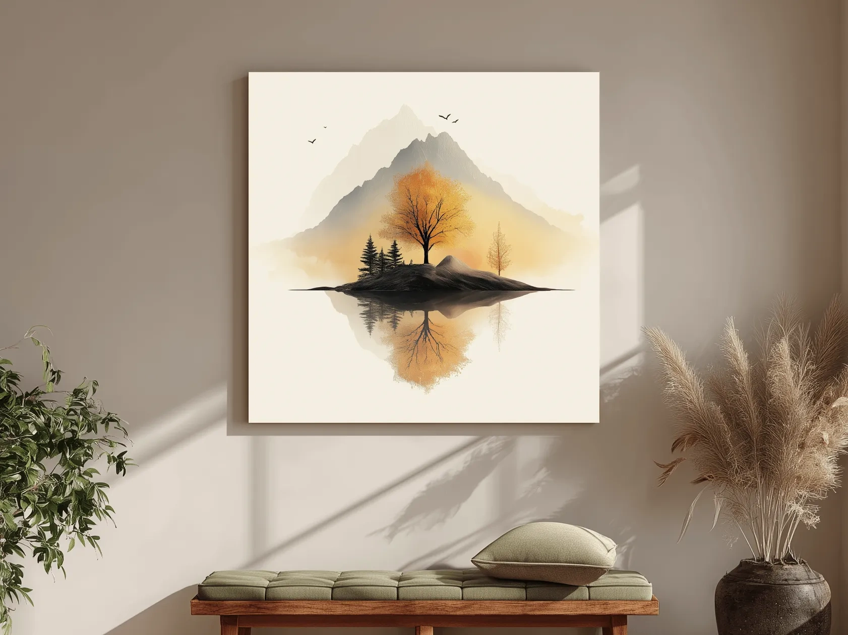 Minimalist Misty Mountain Lake Illustration - Serene Autumn Tree Landscape Wall Art