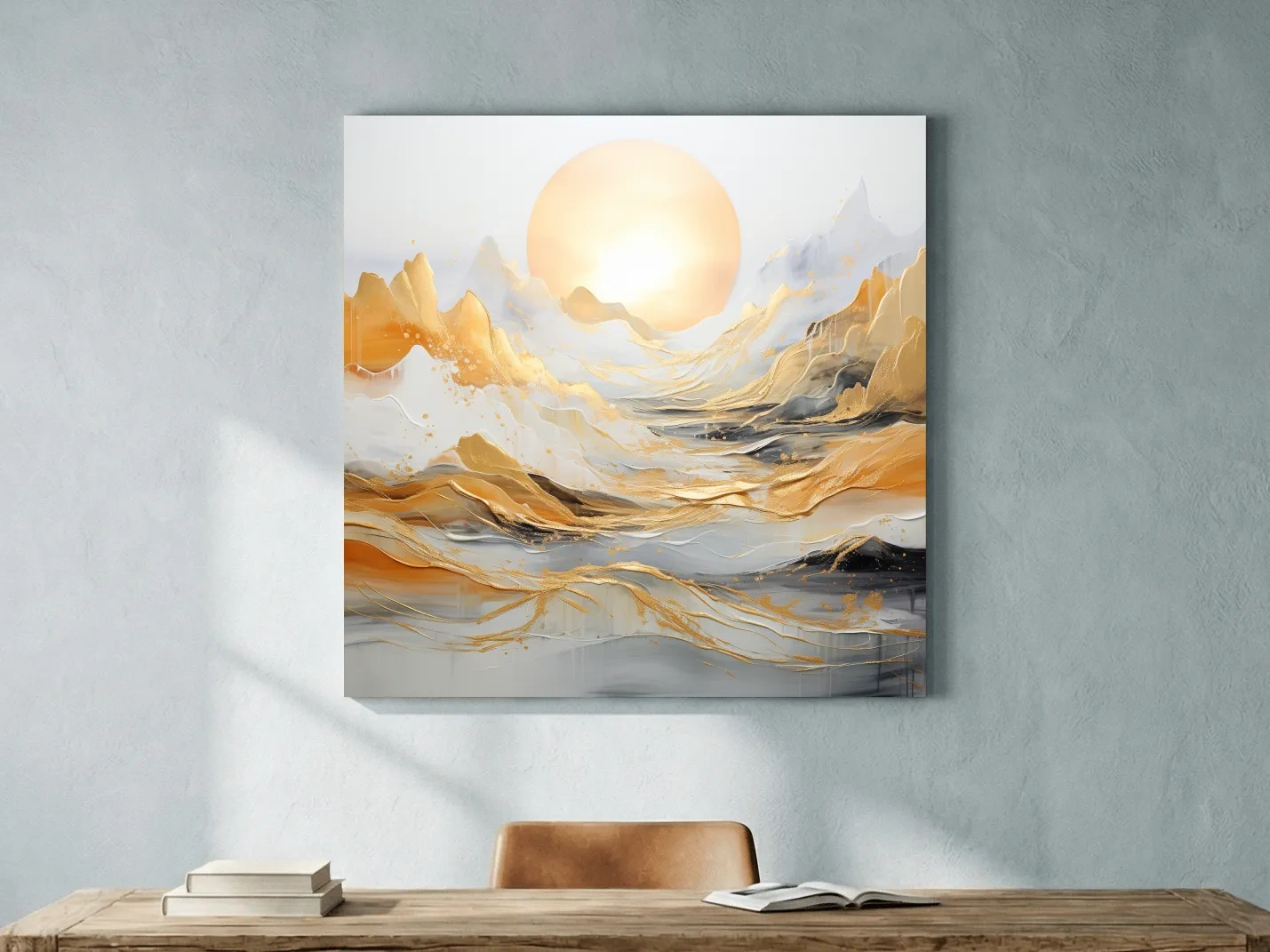 Abstract Golden Sunrise Mountain Landscape - Modern Golf Leaf Style Wall Art